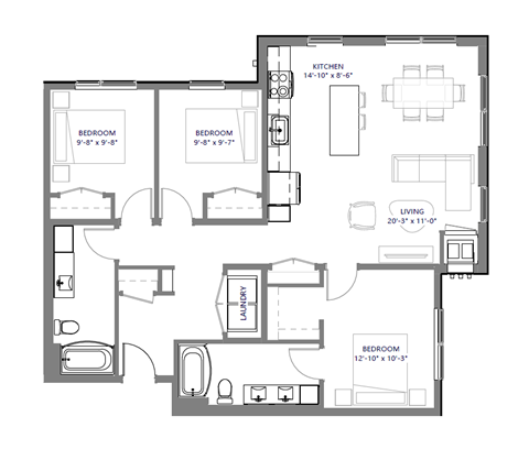 Floor plan for 3 beds, 2 baths, 1154 sqft